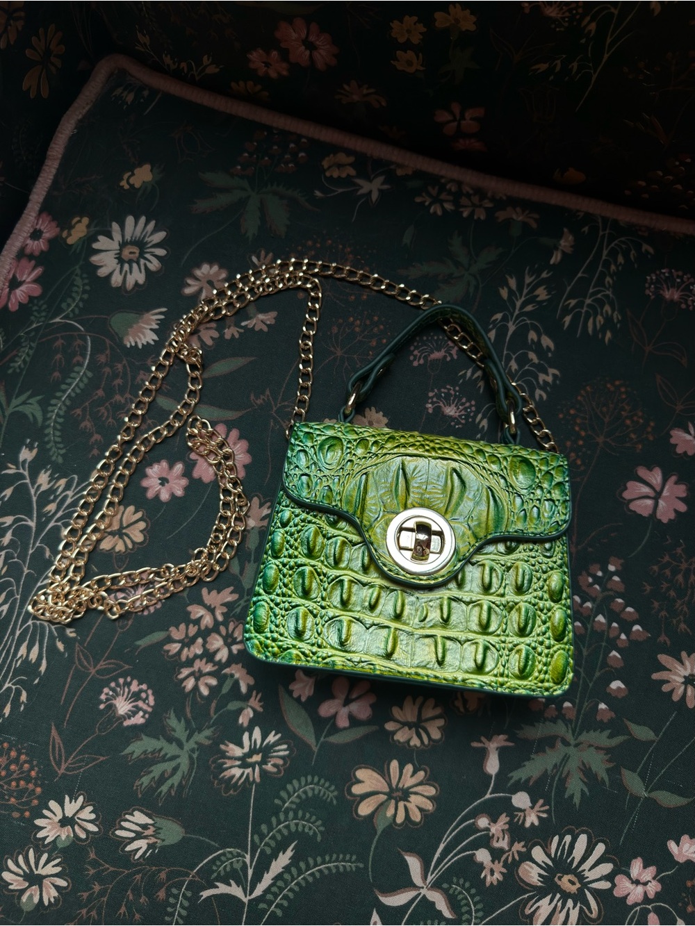 Green Croc-Embossed Top-Handle Bag with Gold Chain